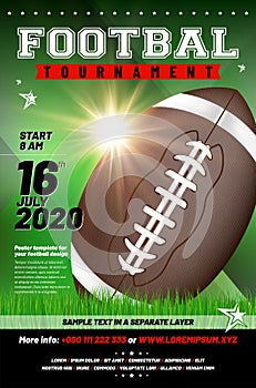 American football tournament poster template with ball and grass