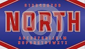 American football typeset, red hight sport font, sportsman uniforom letters, vector typography photo