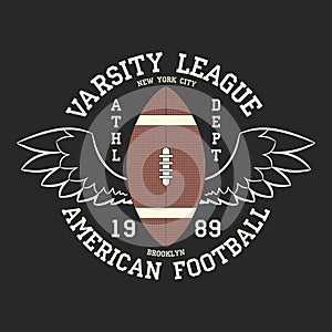 American football varsity league print logo. Graphic design for t-shirt, sport apparel. Typography for clothes. Vector.