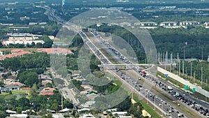 American freeway road under construction with heavy traffic in Sarasota, Florida. Development of transport