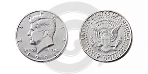 american half dollar coin, Fifty cent, 50 c, USA 1/2 dollar isolate on white background. John F Kennedy on silver coin realistic