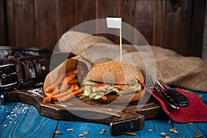 American hamburger with crab meat and french fries