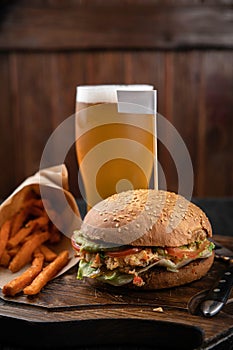 American hamburger with crab meat and french fries