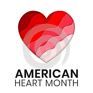 American Heart Month banner design template. Vector illustration of stylized paper cut heart. Concept of awareness from