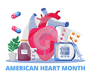 American Heart Month concept vector. Heart disease concept with cardiologist, EKG, cardiogram. Medical template of hypotension photo