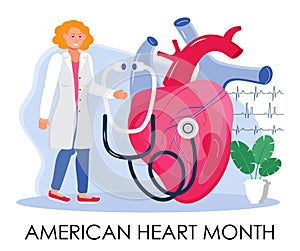 American Heart Month concept vector. Heart disease concept with cardiologist, EKG, cardiogram. Medical template of hypotension photo
