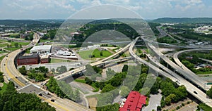 American highway junction with fast driving vehicles in Knoxville, Tennessee. View from above of USA transportation