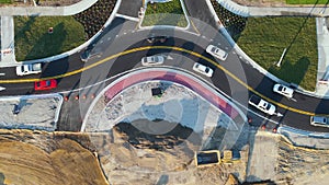American highway road under construction. Development of roundabout traffic infrastructure. State transportation concept