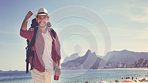 American hipster tourist at Ipanema beach at Rio de Janeiro