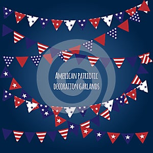 American holiday flags garlands set. Indepence Day, President`s Day, Labor Day, Patriot Day decoration elements. photo
