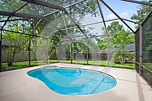 American Home New Stylish Swimming Pool Exterior Luxury Up Scale Bright Sunny Warm Day Backyard Empty Nobody