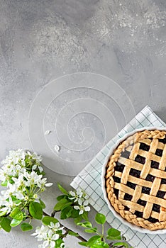 American homemade cherry pie on gray concrete background with flowering branches. Horizontal, top view, copy space. Cook book