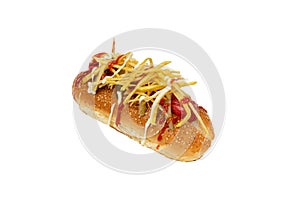 American hot dog with ketchup and mustard isolated on a white background