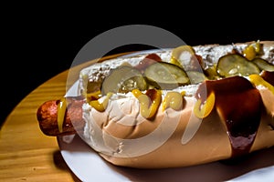 american hot dog with sausage, mustard, pickle and barbecue sauce, selective focus and copy space