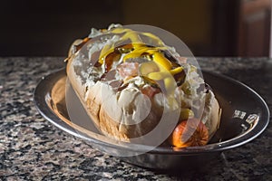 american hot dog with sausage, mustard, pickle and barbecue sauce, selective focus and copy space