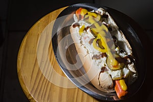 american hot dog with sausage, mustard, pickle and barbecue sauce, selective focus and copy space