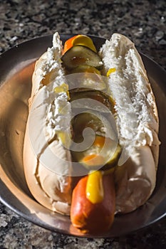 american hot dog with sausage, mustard, pickle and barbecue sauce, selective focus and copy space