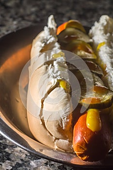 american hot dog with sausage, mustard, pickle and barbecue sauce, selective focus and copy space