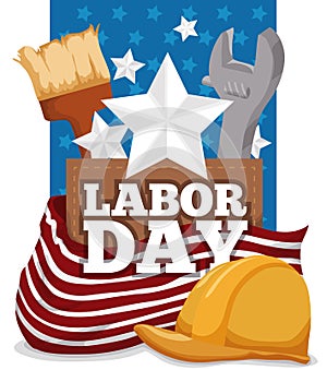 American Icons and Worker Equipment to Celebrate Labor Day, Vector Illustration