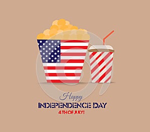 American independence day, celebration, patriotism and holidays concept - close up of juice glass or mason jar, popcorn and candie
