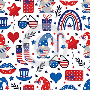American Independence Day, seamless vector pattern. 4th of July celebration - gnome with a firecracker, balloons, stars