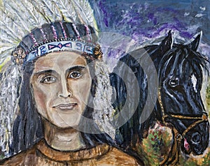 american indian with black horse oil painting photo