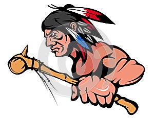 American Indian Chief Mascot Graphic, indian warrior with a traditional weapon, indian chief suitable as logo or team mascot,