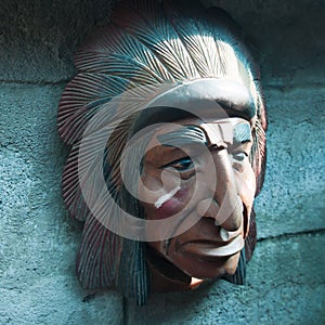 American Indian face, Wood carving, Antique home decoration object