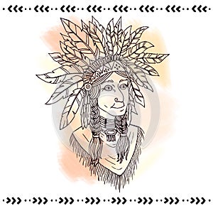 American indian in headdresses. Vector illustration.