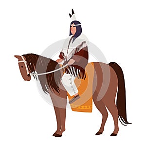 American Indian man wearing ethnic clothes sitting on horse. Horseman or horseback rider. Indigenous peoples of America