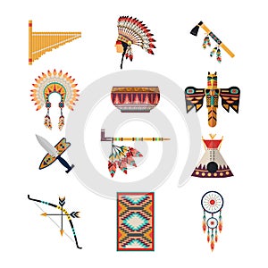 American indian symbols. Bow, axe, headdress, wigwam