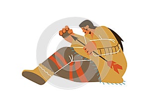 American Indian warrior sharpen spear with stone, flat vector illustration isolated on white background.