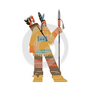 American Indian woman with spear, flat vector illustration isolated on white background.