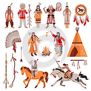 American Indians Decorative Icons Set