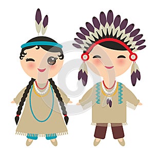 American indians Kawaii boy and girl in national costume. Cartoon children in traditional dress Indigenous peoples of the Americas