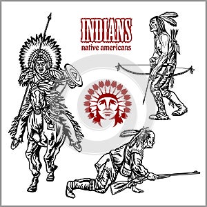 American indians set of vintage emblems, labels and logos in monochrome style