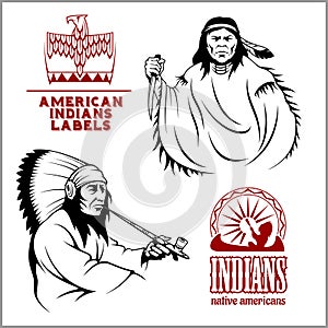 American indians set of vintage emblems, labels and logos in monochrome style