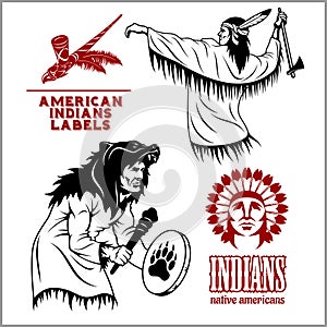 American indians set of vintage emblems, labels and logos in monochrome style