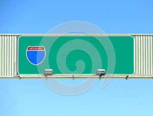 American interstate highway overhead road sign. Blue sky background