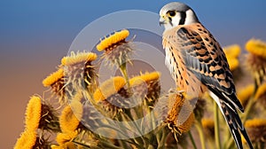 American kestrel (Falco sparverius) sitting on a mullein. generative ai