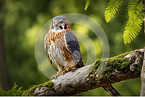American Kestrel: Graceful Perch on Gnarled Branch Amidst a Soft-Focused Backdrop of Lush Green Forest