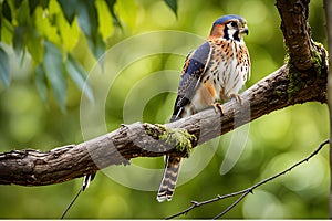American Kestrel: Graceful Perch on Gnarled Branch Amidst a Soft-Focused Backdrop of Lush Green Forest