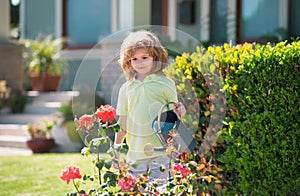 American kids childhood. Child watering flowers in garden. Home gardening