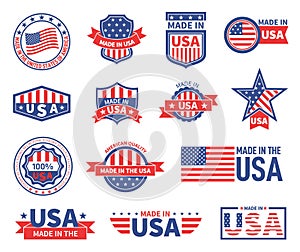 American labels. Made in usa seal badges design. Patriotic logo or stamp. Isolated tags with flag of america and star