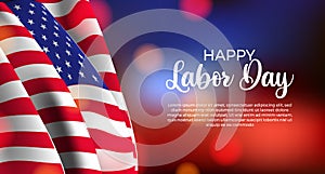 American labor day poster banner with flag and with blur bokeh background