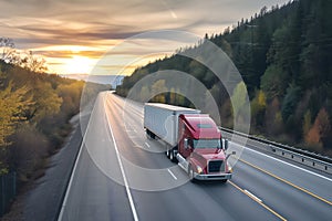 American long-nose semitruck on a highway