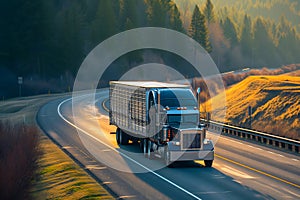 American long-nose semitruck on a highway