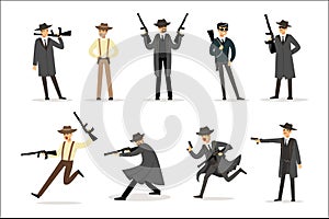 American Mafia Mob Members Of 30s Set Of Cartoon Criminal Mobster Characters