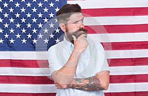 American man entrepreneur businessman usa flag background, status and reputation concept