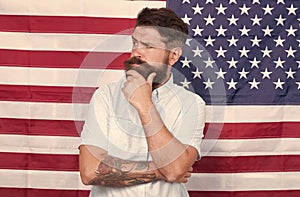 American man entrepreneur businessman usa flag background, status and reputation concept